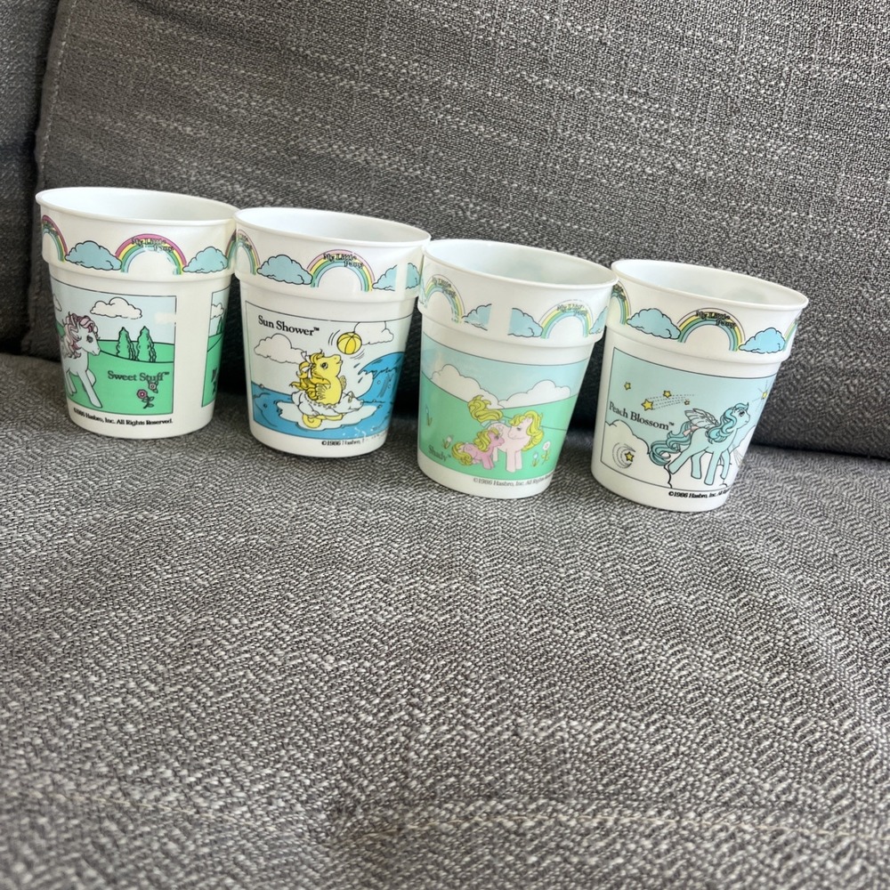Vintage 80s My Little Pony Plastic Cups Complete Set Of 4 Hasbro 1986